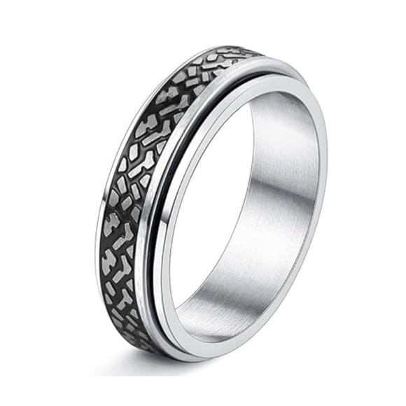 Men’s Black Pattern Inlay Stainless Steel Spinner Ring Anxiety Fidget Band - Picture 3 of 3